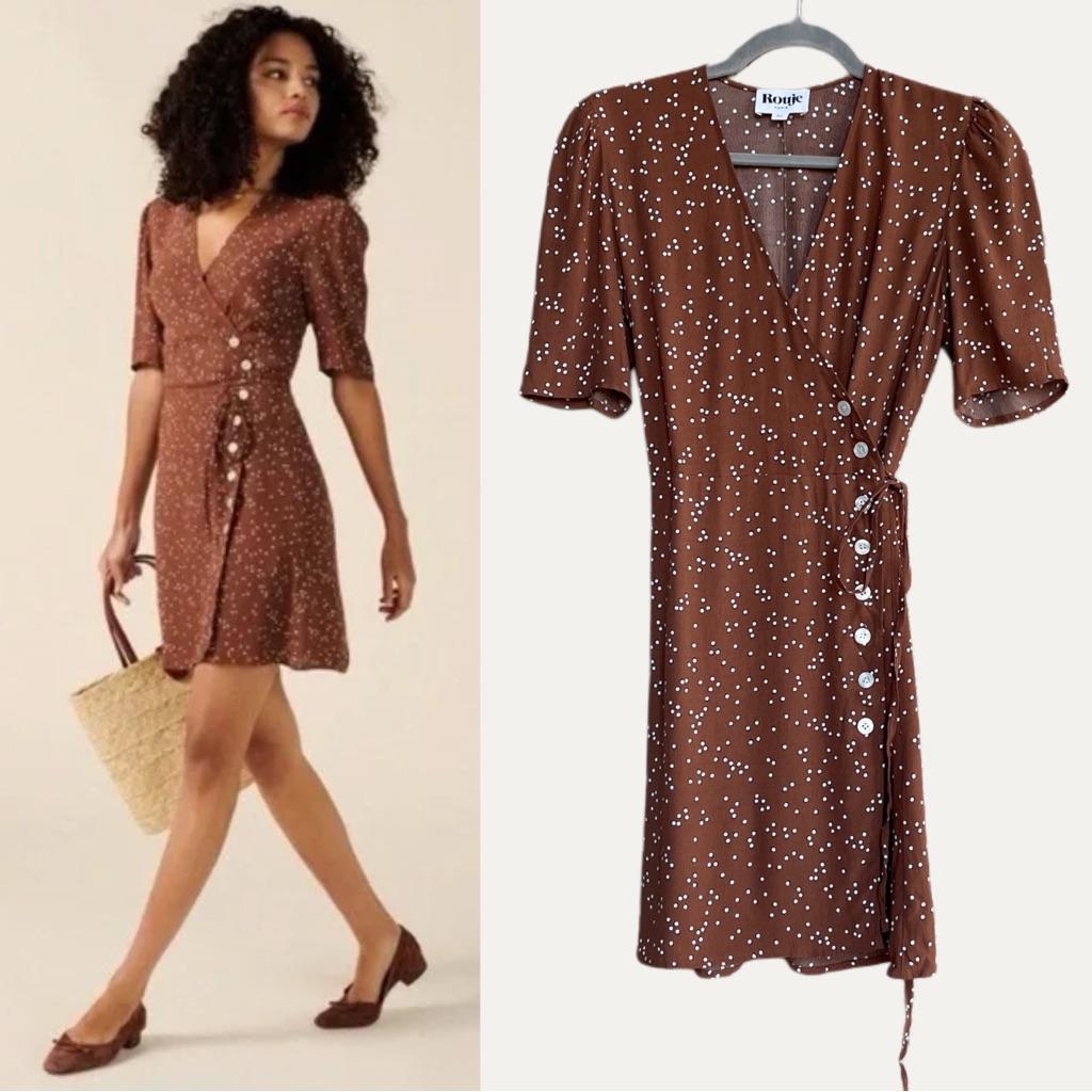 Rouje Brown White Polka Dot Printed Puff Sleeve Mini Wrap Dress Gabinette Dress — image 5 of 8
